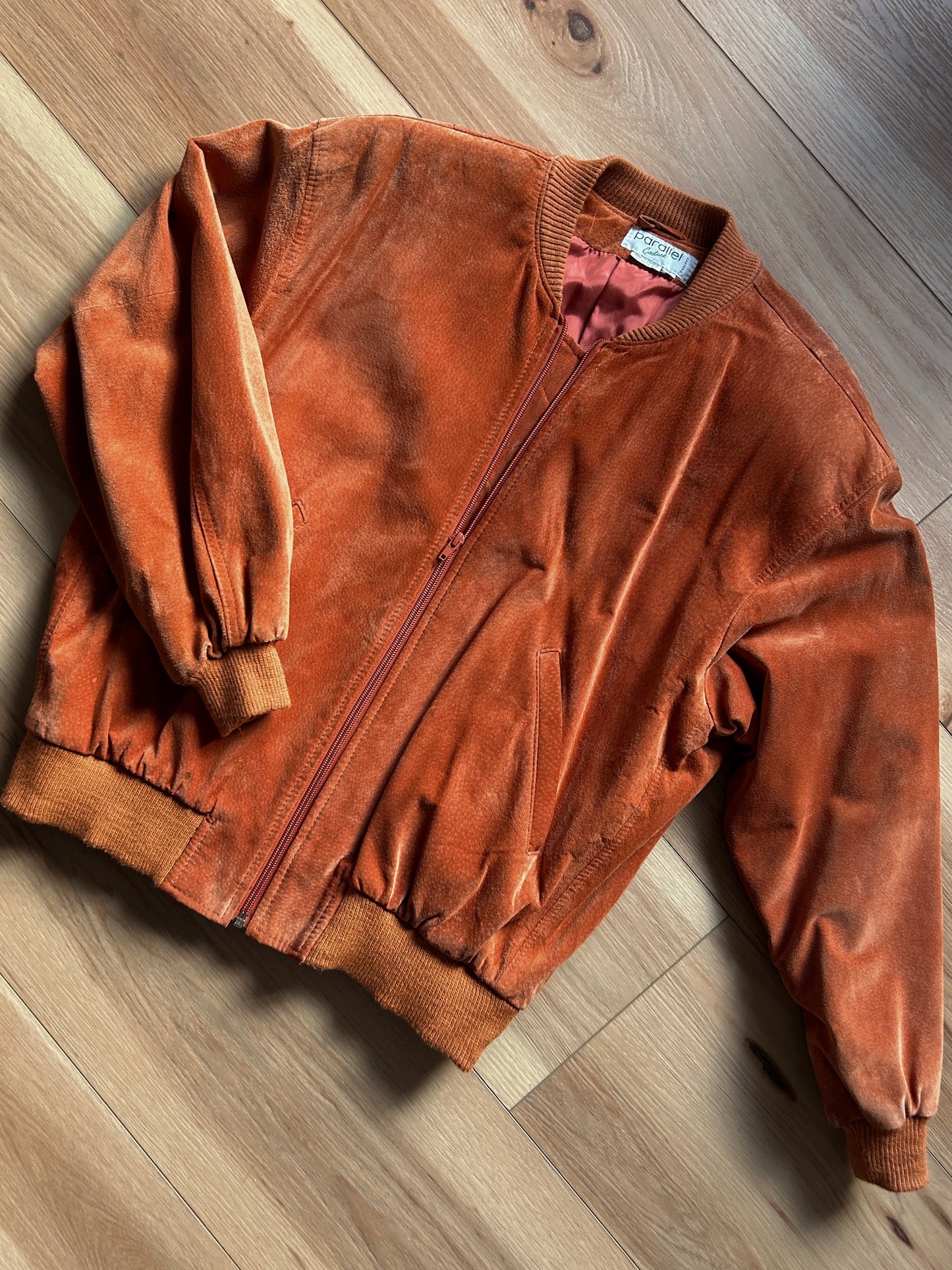 orange suede bomber